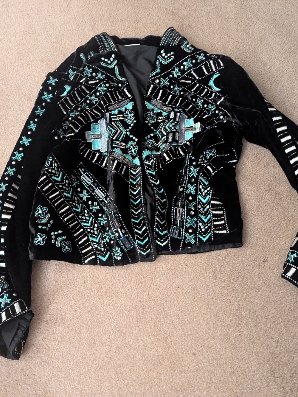 Crazy Train Black Velvet Jacket with Teal Embroidery